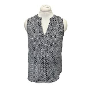 Pleione Women’s Sleeveless Split-neck Blouse Black/White Patterned S